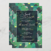 サマーグリーンティール(緑がかった色)サボテン金ゴールドドットかわいいデザイン 招待状 (正面/裏面)