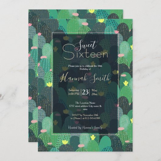 サマーグリーンティール(緑がかった色)サボテン金ゴールドドットかわいいデザイン 招待状 (正面/裏面)
