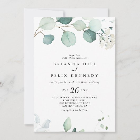 サマーグリーンユーカリのカジュアル葉結婚の 招待状 (正面)