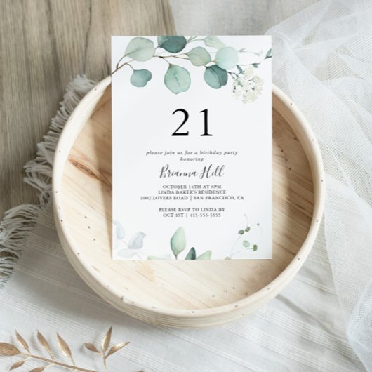 サマーグリーンユーカリプタスリーフ21st誕生日パーティー 招待状