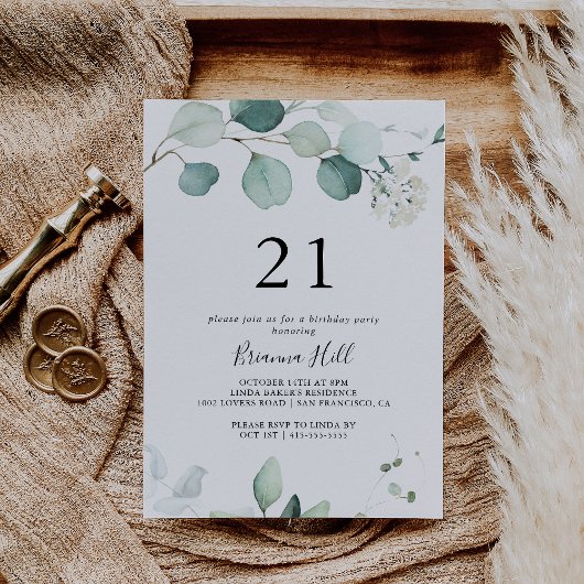 サマーグリーンユーカリプタスリーフ21st誕生日パーティー 招待状
