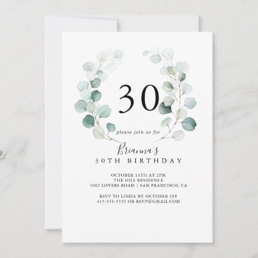 サマーグリーンユーカリプタスリーフ30th誕生日パーティー 招待状 (正面)