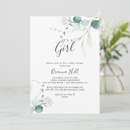 サマーグリーンユーカリ女の子の赤ちゃんシャワー 招待状 (スタンド正面)