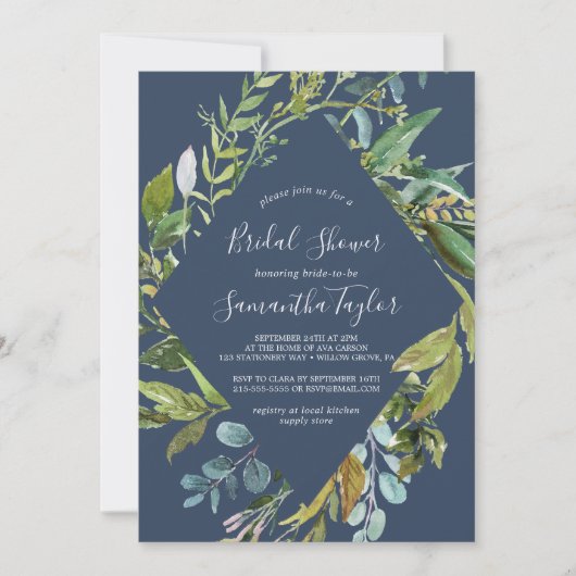 サマーグリーンリーネイビーダイヤモンドリースブライダルシャワー 招待状 (正面)