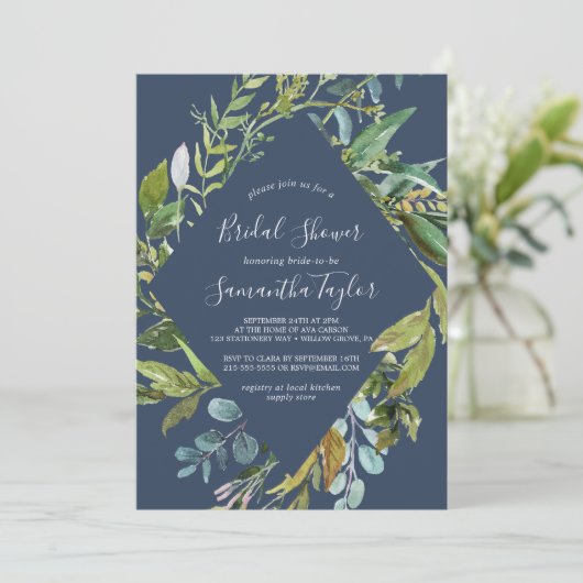 サマーグリーンリーネイビーダイヤモンドリースブライダルシャワー 招待状 (スタンド正面)