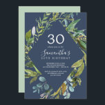 サマーグリーンリーネイビーダイヤモンドリース30th Birthday 招待状<br><div class="desc">今年の夏の緑のネイビーリース30th誕生日の招待は、真夏の誕生日パーティエレガントーに最適である。植物性デザインは、水色のユーカリ絵を描、緑、緑の赤面の青い背景の上に葉のピンクの花の微妙な波紋と緑のの豊かな配置を特徴としている。</div>