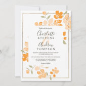 サマーコーラルオレンジ金ゴールドフローラ水結婚色 招待状 (正面)