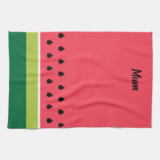 サマーコーラルピンクグリーンスイカのフルーツスライス キッチンタオル (横)