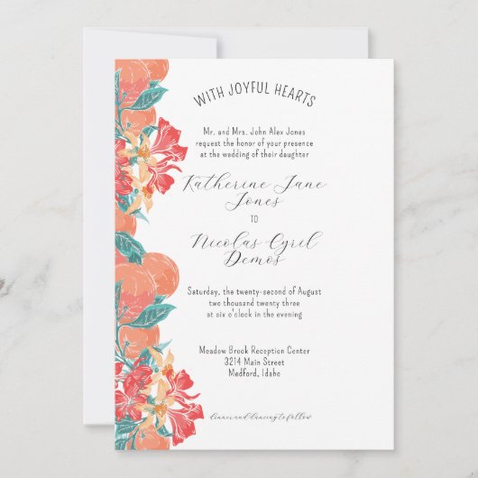 サマーコーラルフルーツ&フローラウォーターカラーパターン 招待状 (正面)