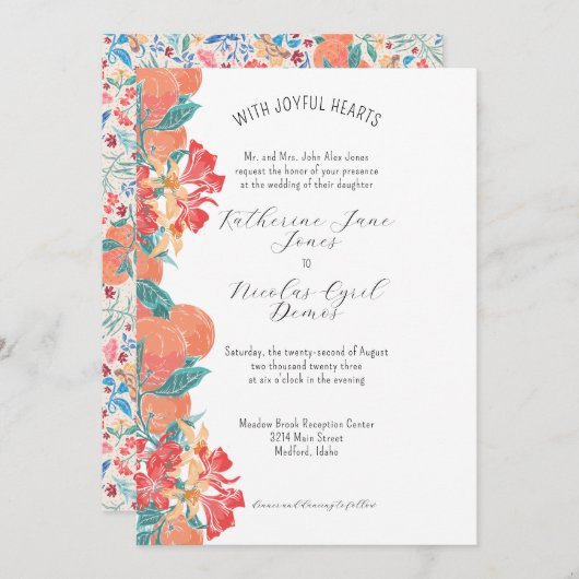 サマーコーラルフルーツ&フローラウォーターカラーパターン 招待状 (正面/裏面)