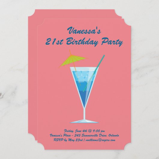 サマーコーラル&ブルー21歳誕生日パーティの招待状 招待状 (正面/裏面)