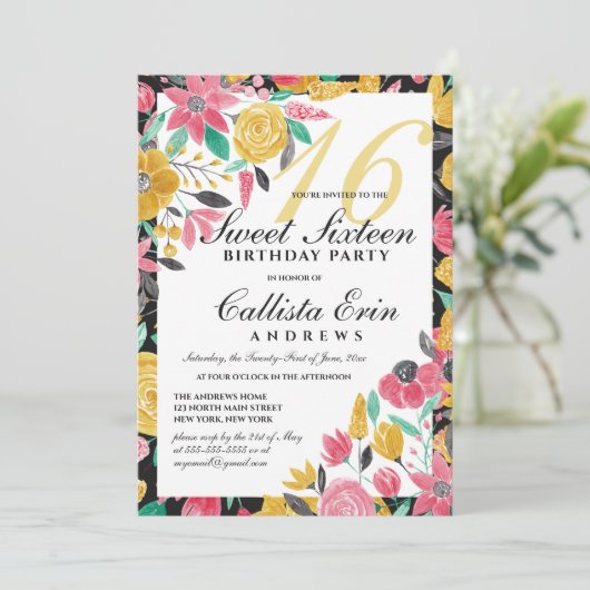 サマーゴールデンピンクフローラウォーターカラースウィート16 招待状 (スタンド正面)