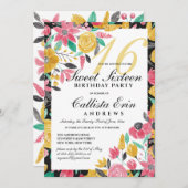 サマーゴールデンピンクフローラウォーターカラースウィート16 招待状 (正面/裏面)