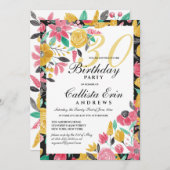 サマーゴールデンピンクフローラウォーターカラー誕生日 招待状 (正面/裏面)
