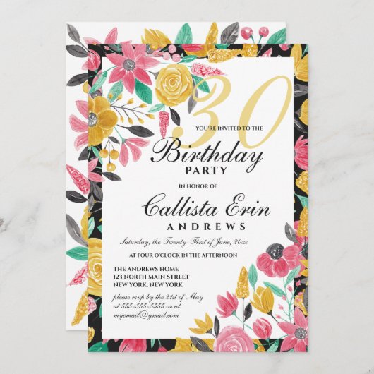 サマーゴールデンピンクフローラウォーターカラー誕生日 招待状 (正面/裏面)