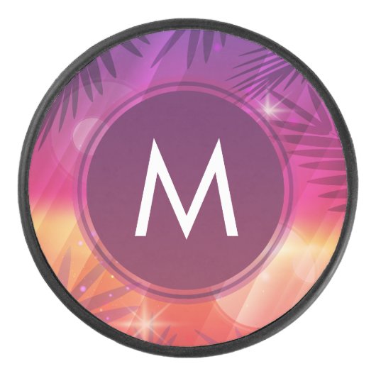 サマーサンセットパームツリーズモノグラムパープルオレンジ アイスホッケーパック (正面)