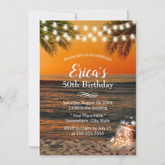 サマーサンセットビーチグローメイソンジャー50誕生日 招待状 (正面)