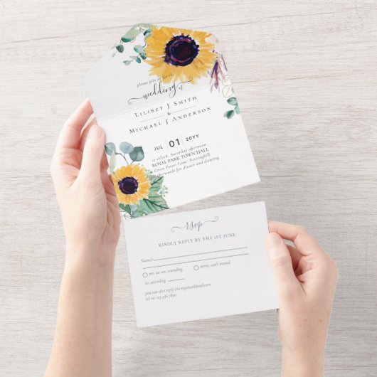 サマーサンフラワーユーカリ結婚グリーン オールインワン招待状 (貼ってはがせる)