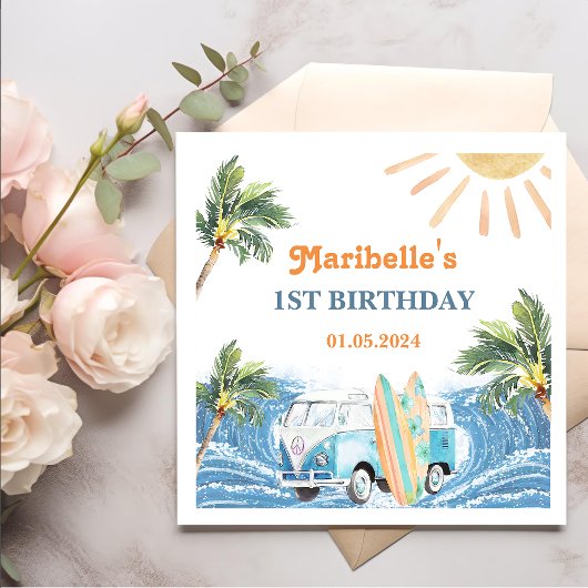 サマーサーフバースデーパーティナプキンス スタンダードカクテルナプキン