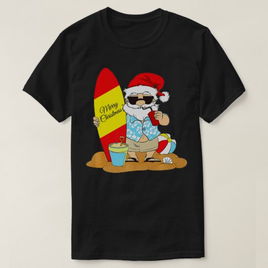 サマーサーフボードビーチサンタハワイアンクリスマスi tシャツ (デザイン正面)