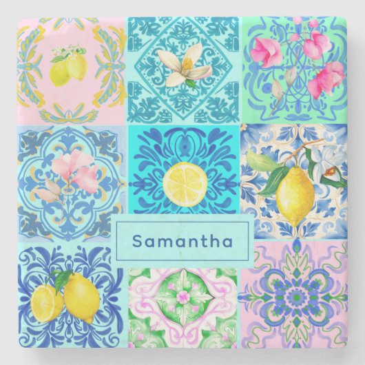 サマーシチリアターコイズカラフルアズレジョアマルフィ ストーンコースター (正面)