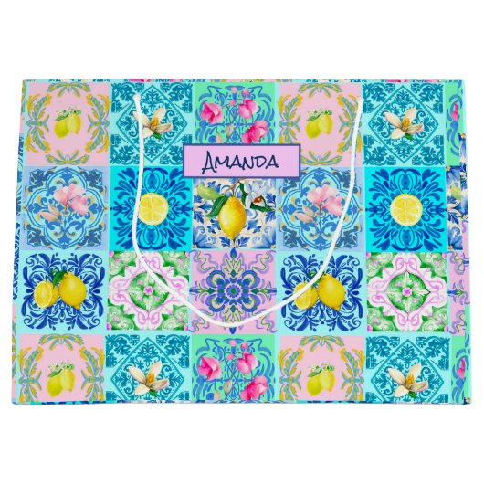 サマーシチリアターコイズカラフルアズレジョアマルフィ ラージペーパーバッグ (正面)