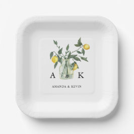 サマーシトラスレモングリーナリーモノグラム結婚ズ ペーパープレート