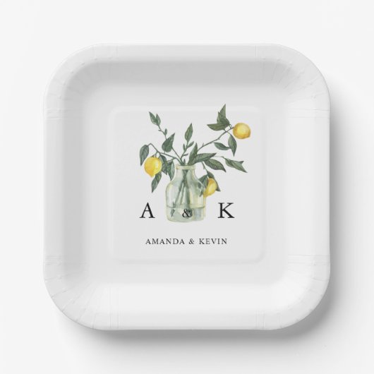 サマーシトラスレモングリーナリーモノグラム結婚ズ ペーパープレート (正面)