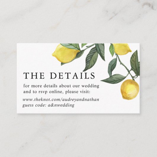 サマーシトラスレモン緑結婚のウェブサイト エンクロージャーカード (正面)