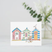 サマーシーサイドビーチハッツインザサンドイラストレーション ポストカード (スタンド正面)