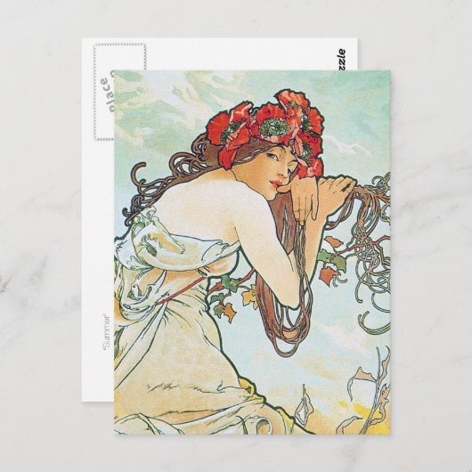 サマーシーズンアルフォンスミュシャファインアート ポストカード (正面/裏面)