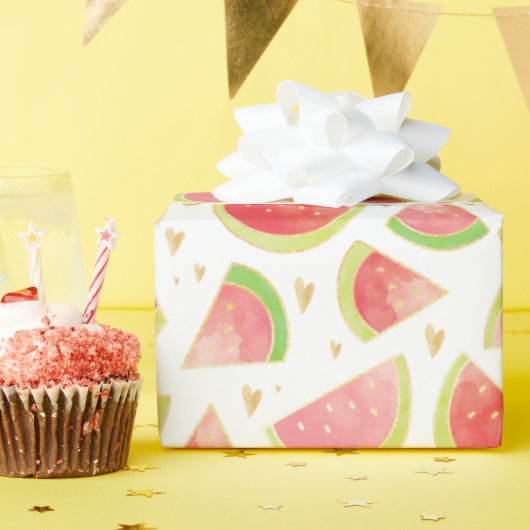 サマースイカスライス&金ゴールドハートパターン ラッピングペーパー (誕生日パーティー)