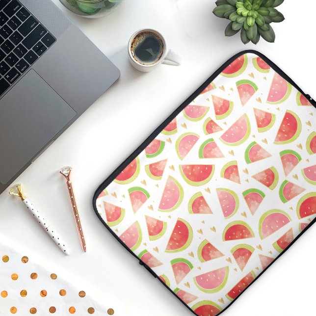 サマースイカスライス&金ゴールドハートパターン ラップトップスリーブ (Watermelon Pattern Laptop Sleeve)
