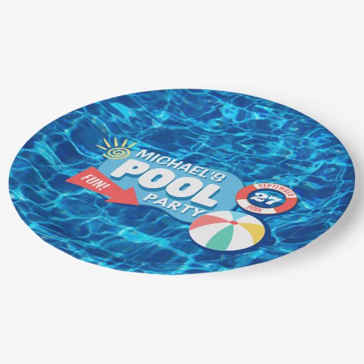 サマースイミングプールパーティートロピカル誕生日ブルー ペーパープレート (アングル)