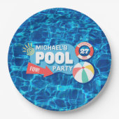 サマースイミングプールパーティートロピカル誕生日ブルー ペーパープレート (正面)