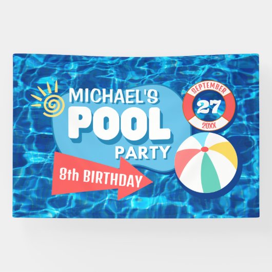 サマースイミングプールパーティートロピカル誕生日ブルー 横断幕 (横)