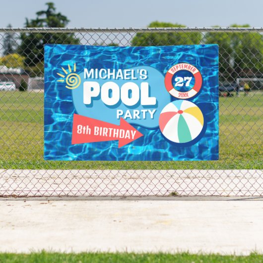 サマースイミングプールパーティートロピカル誕生日ブルー 横断幕 (インサイチュ)