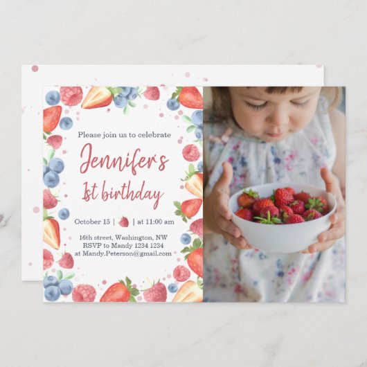 サマースイートベリーベビーガール誕生日招待状 招待状 (正面/裏面)
