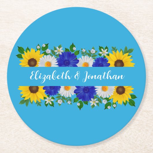 サマースカイブルーフローラ結婚ズ ラウンドペーパーコースター (正面)