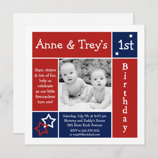 サマースターズツインフォト誕生日招待状 招待状 (正面/裏面)