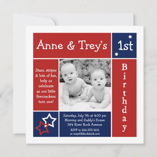 サマースターズツインフォト誕生日招待状 招待状 (正面)