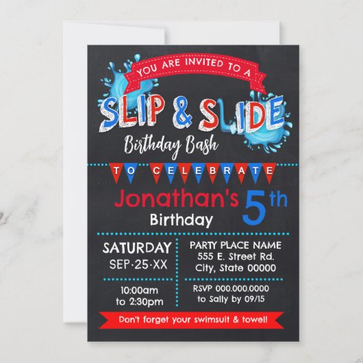 サマースリップまたは滑ること誕生日Bash赤白青のスライド 招待状 (正面)