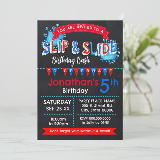 サマースリップまたは滑ること誕生日Bash赤白青のスライド 招待状 (スタンド正面)
