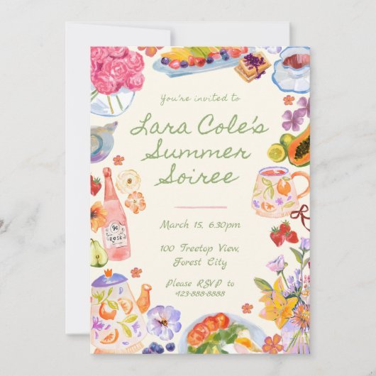 サマーソワレーの招待状 手描きの食べ物と飲み物 紅茶 招待状 (正面)