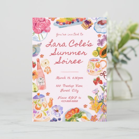 サマーソワレーの招待状 手描きの食べ物と飲み物 紅茶 招待状 (スタンド正面)