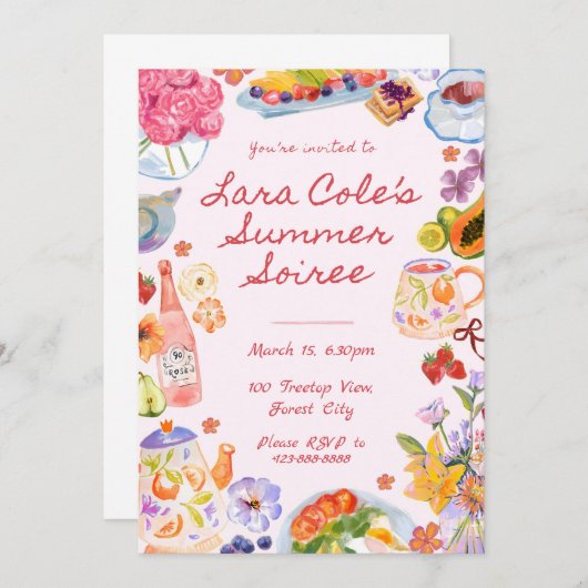 サマーソワレーの招待状 手描きの食べ物と飲み物 紅茶 招待状 (正面/裏面)