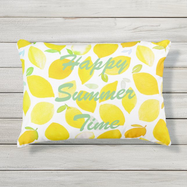 サマータイムシトラス柄イエローホワイトと文字 アウトドアクッション (正面)