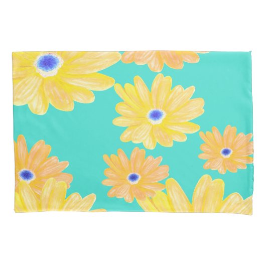 サマーターコイズイエローフローラ装飾用クッション 枕カバー (正面)