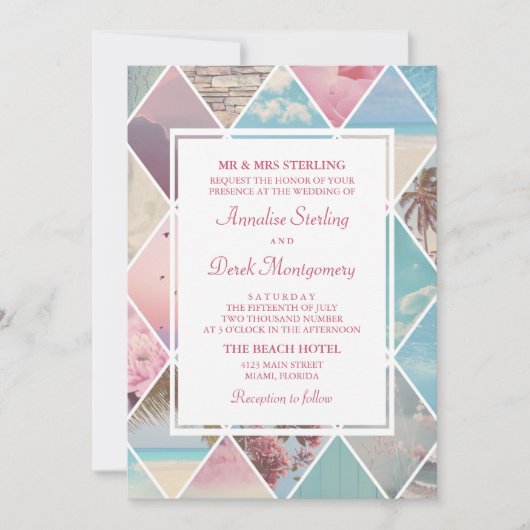 サマーダイヤモンド |ピンク&ブルービーチ結婚式 招待状 (正面)