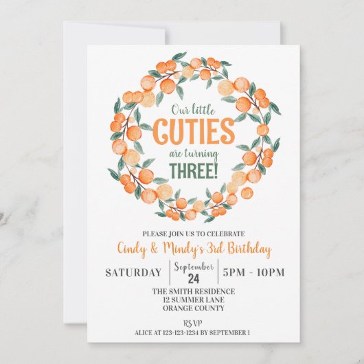 サマーツインガールズ誕生日オレンジ三歳 招待状 (正面)